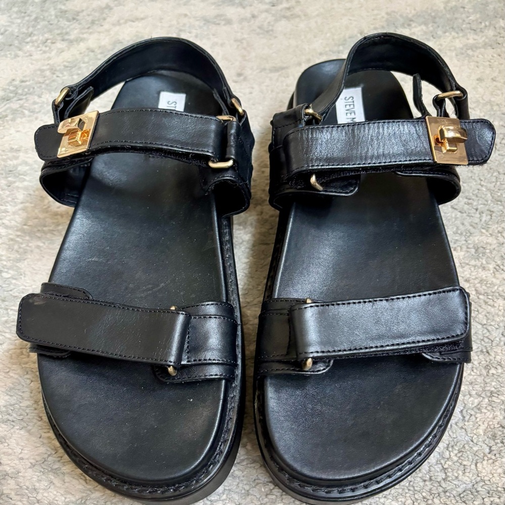 Steve Madden Black Leather Sandals with Gold Buckles